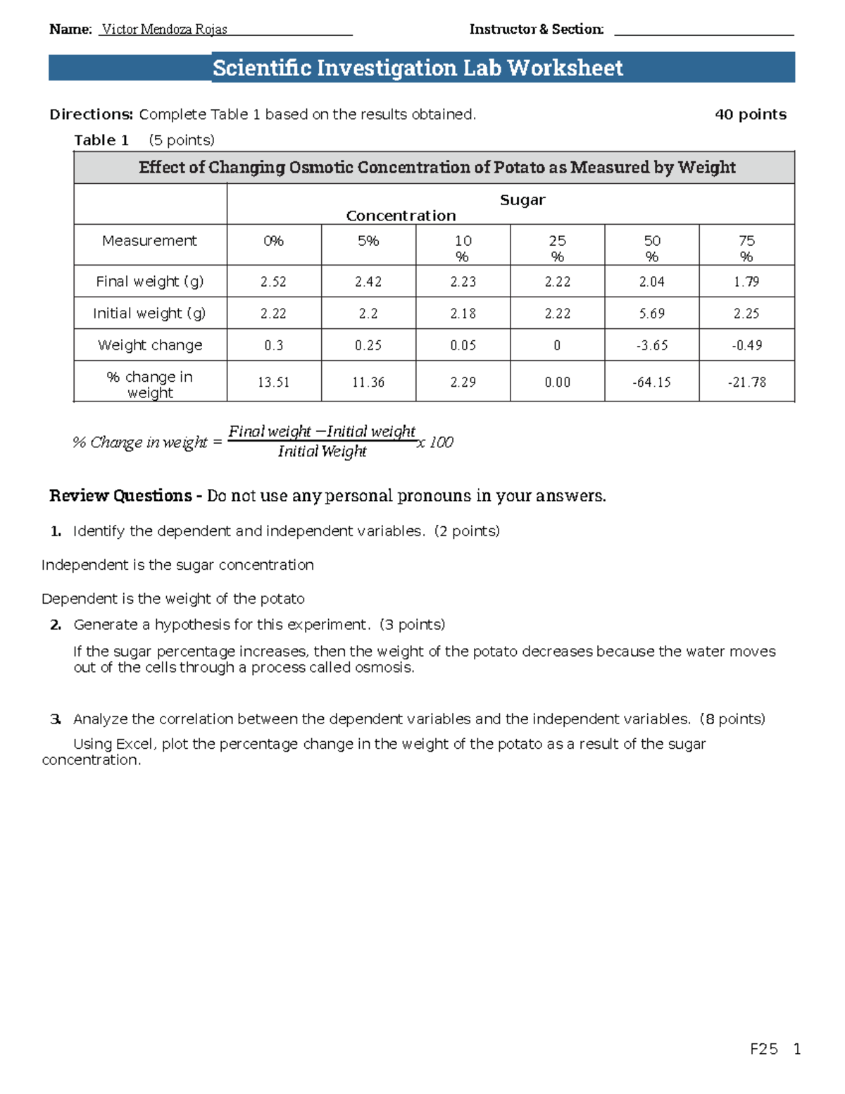 F25 Scientific Investigation Lab Worksheet: Osmosis & Tonicity Analysis ...