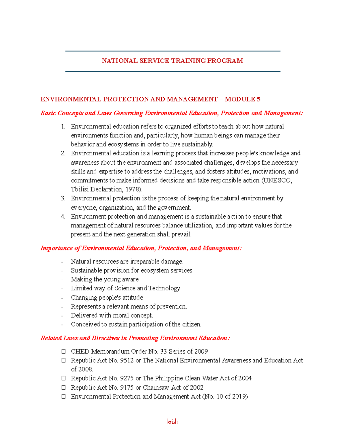 NSTP Module 5: Environmental Protection & Management Concepts - Studocu