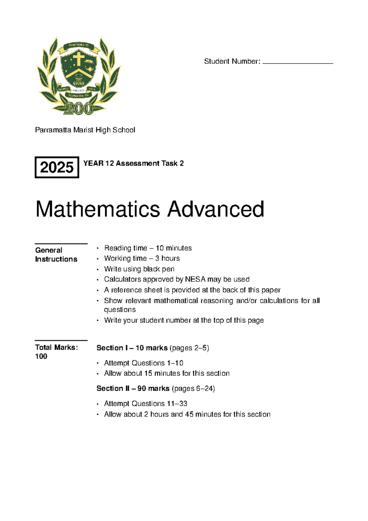 2025 PMHS Year 12 Mathematics Advanced Assessment Task 2 - Studocu
