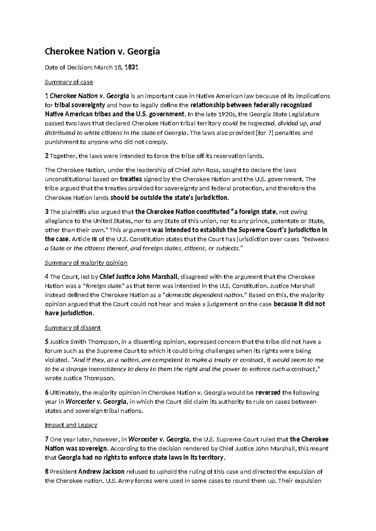Cherokee Nation v. GA - Case Summary and Implications for Sovereignty ...
