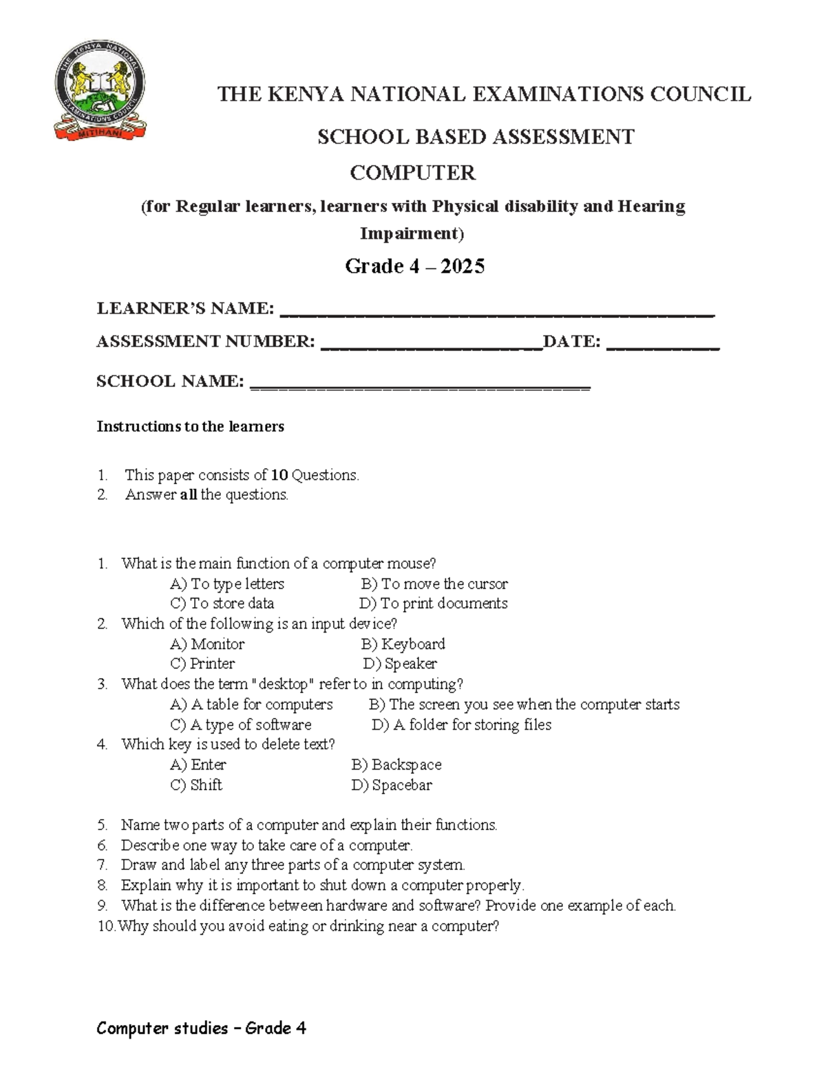 Computer Studies - Grade 4 Term 1 Exam Paper for 2025 - Studocu