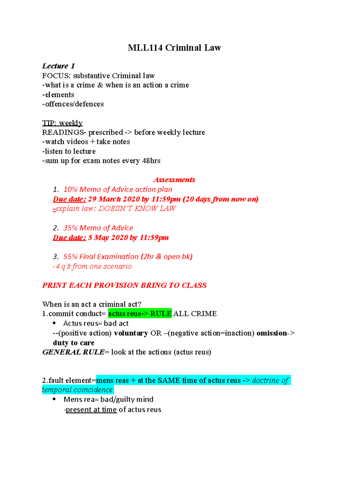 MLL114 Criminal Law Lecture Notes - Key Concepts & Assessments - Studocu