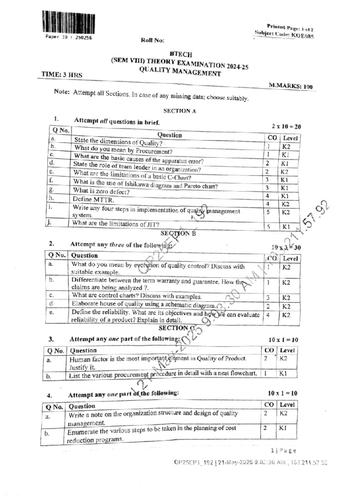 Quality Management Exam Paper 1D: BTECH (SEM) 2024-25 - Studocu