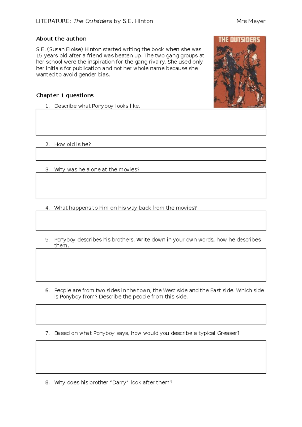 LIT 101: Ch 1 & 2 Questions for The Outsiders by S.E. Hinton - Studeersnel