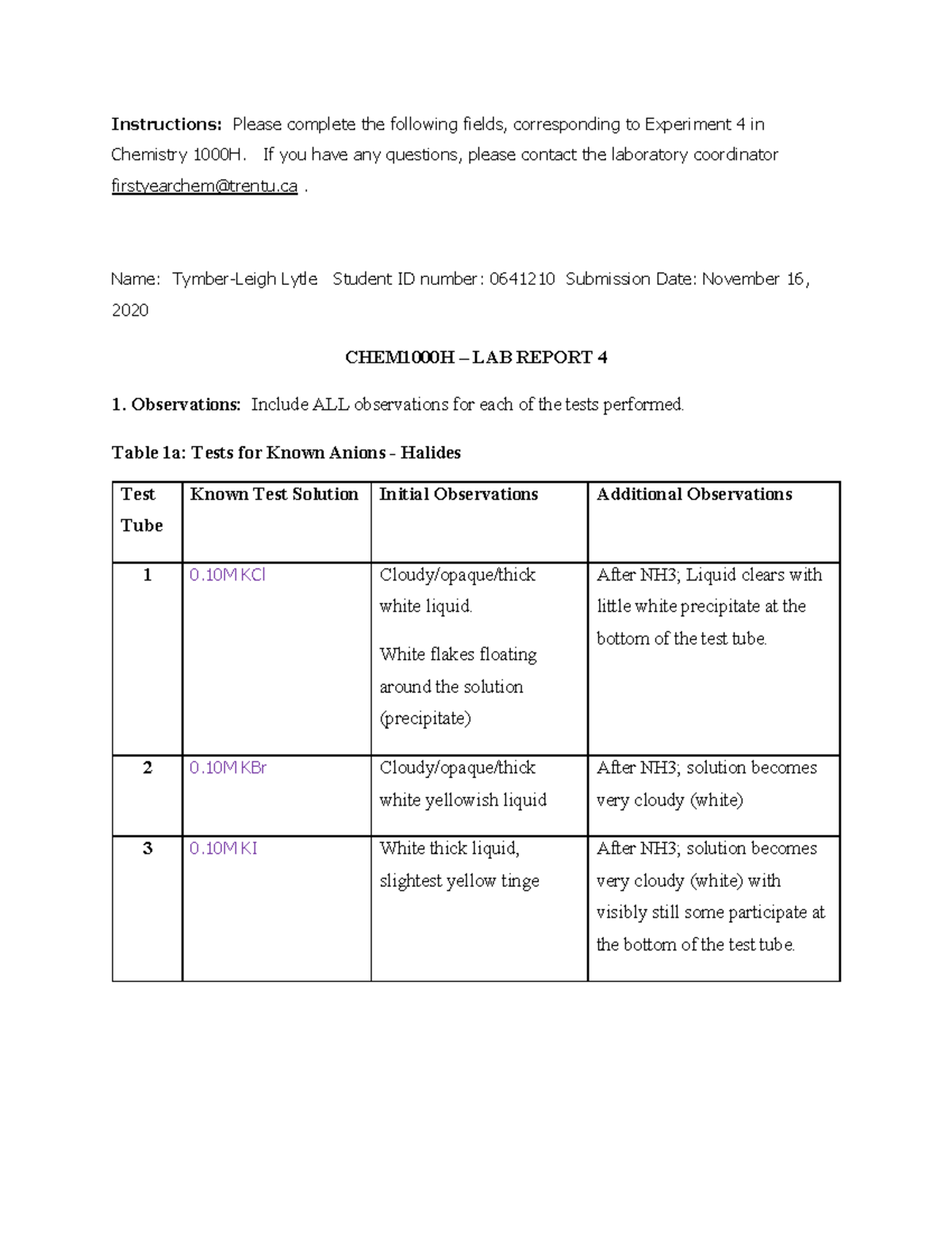 Chem1000H-Lab Report 4: Observations and Results for Experiment 4 - Studocu