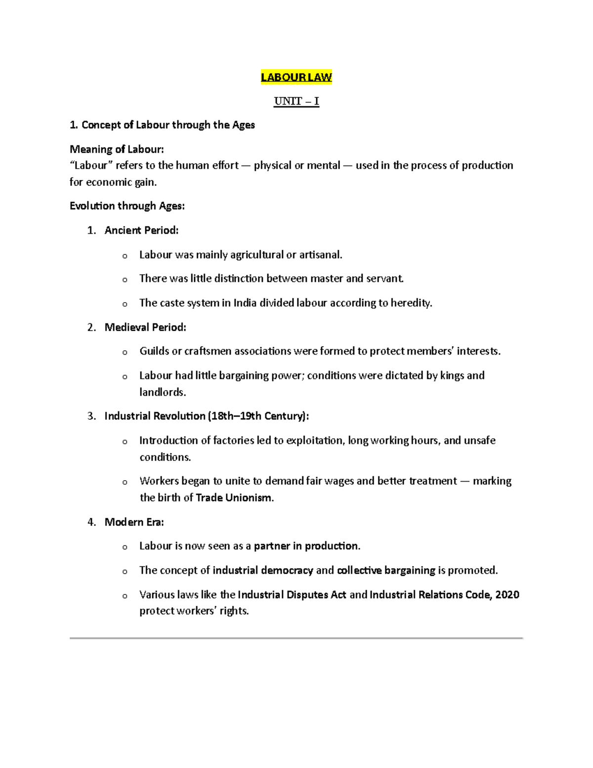 Labour Law Unit I: Evolution, Trade Unions & Industrial Relations Code ...