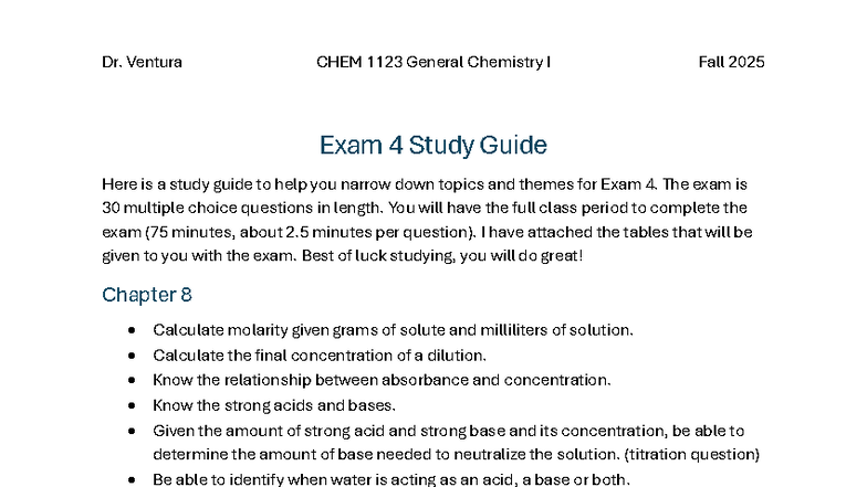 CHEM 1123 General Chemistry I Fall 2025 Exam 4 Study Guide - Studocu