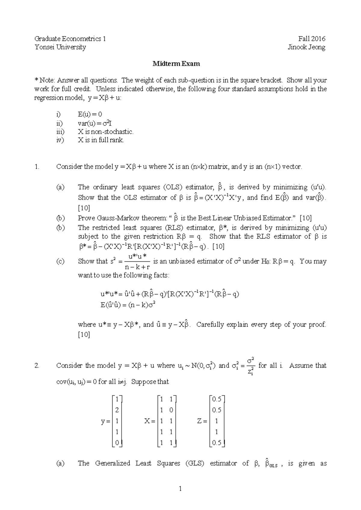 Graduate Econometrics 2016 Midterm Exam Solutions and Analysis - Studocu