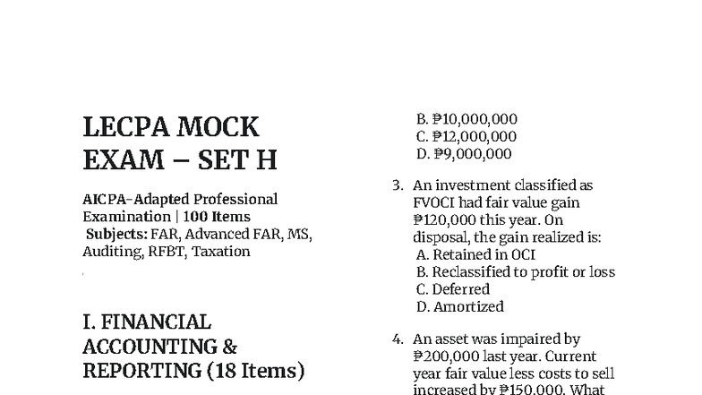 Lecpa Reviewe (94) - LECPA MOCK EXAM – SET H AICPA-Adapted Professional ...