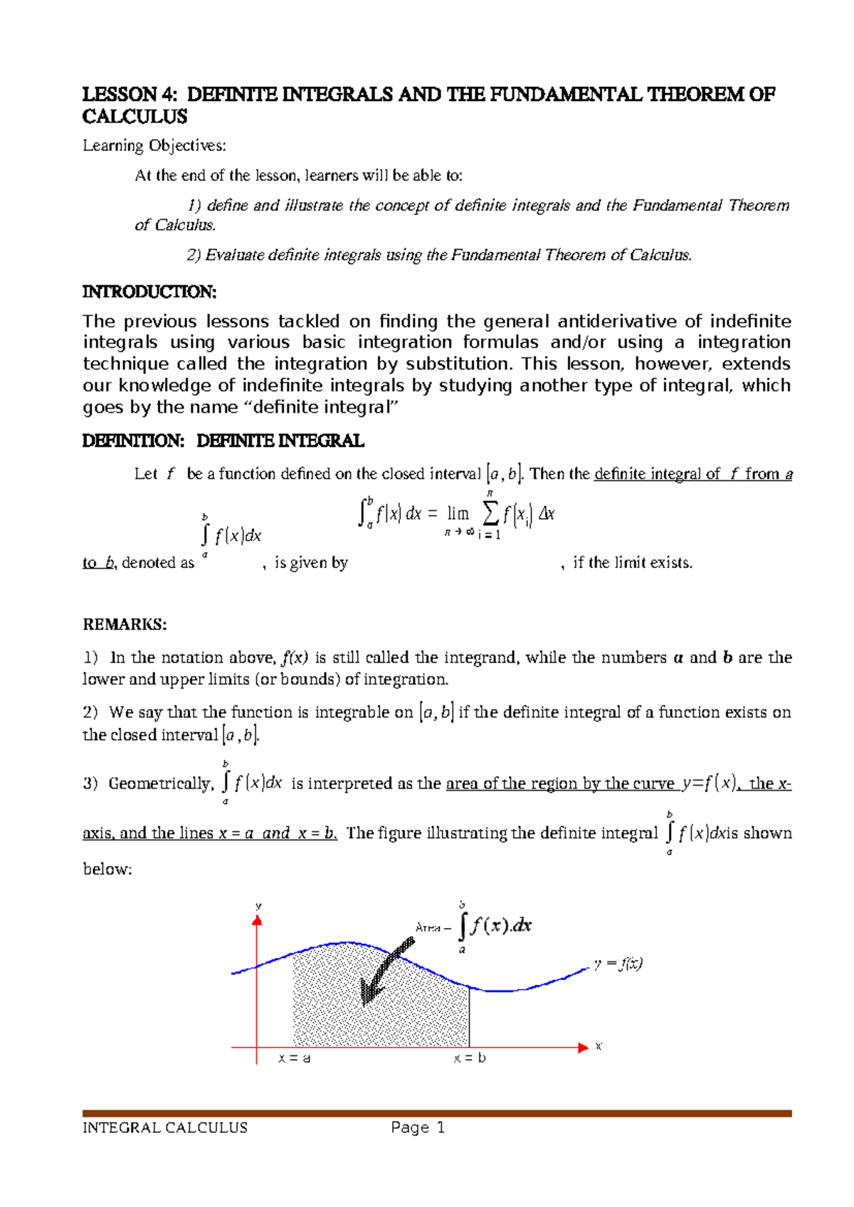 Calculus II Lecture Notes: Definite Integrals & Fundamental Theorem ...