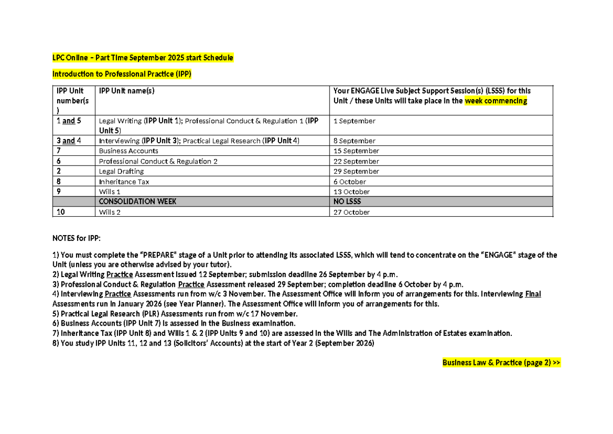 LPC Online Part Time Sept 2025 Schedule for IPP Units 1-10 - Studocu