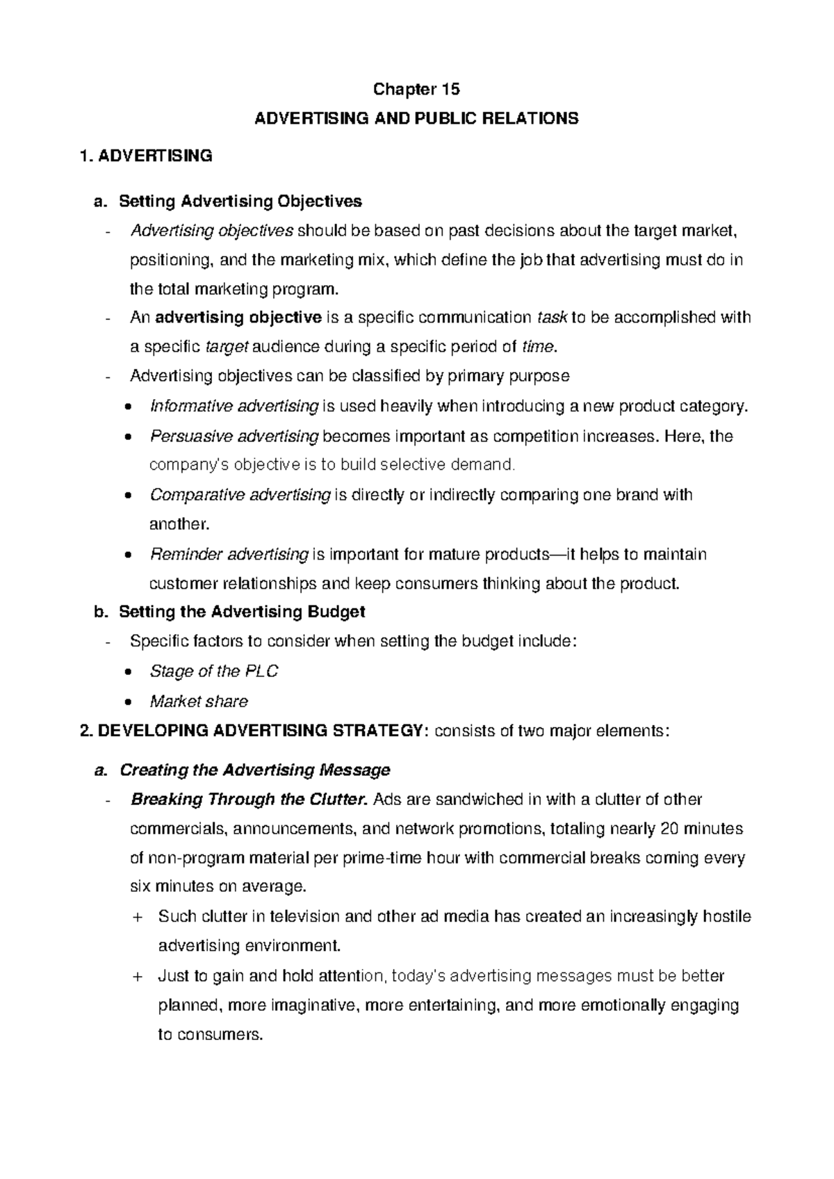 Chapter 15 Summary: Advertising and Public Relations Overview - Studocu