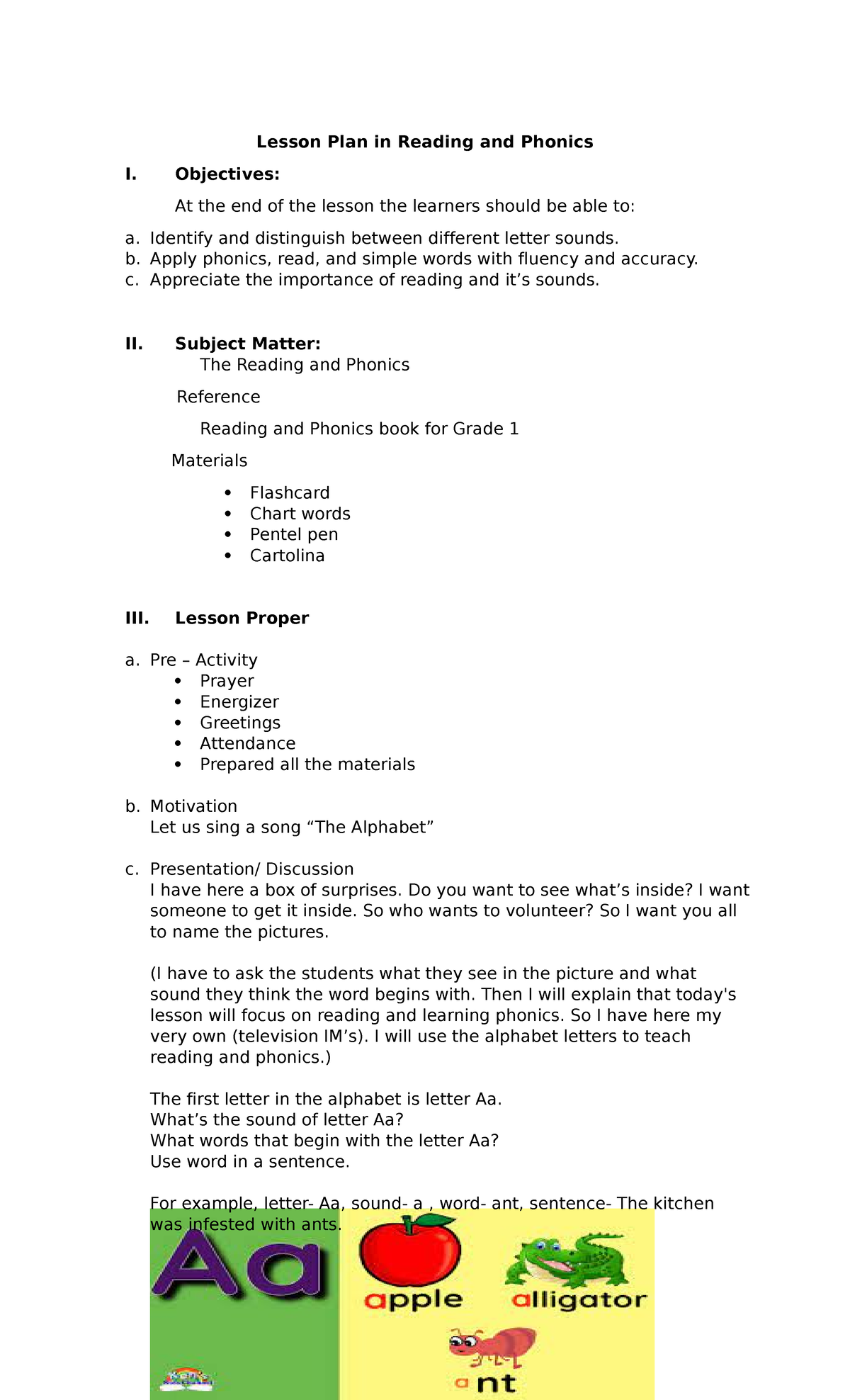 Grade 1 Reading & Phonics Lesson PLAN by Ms. Kenzy Generale - Studocu