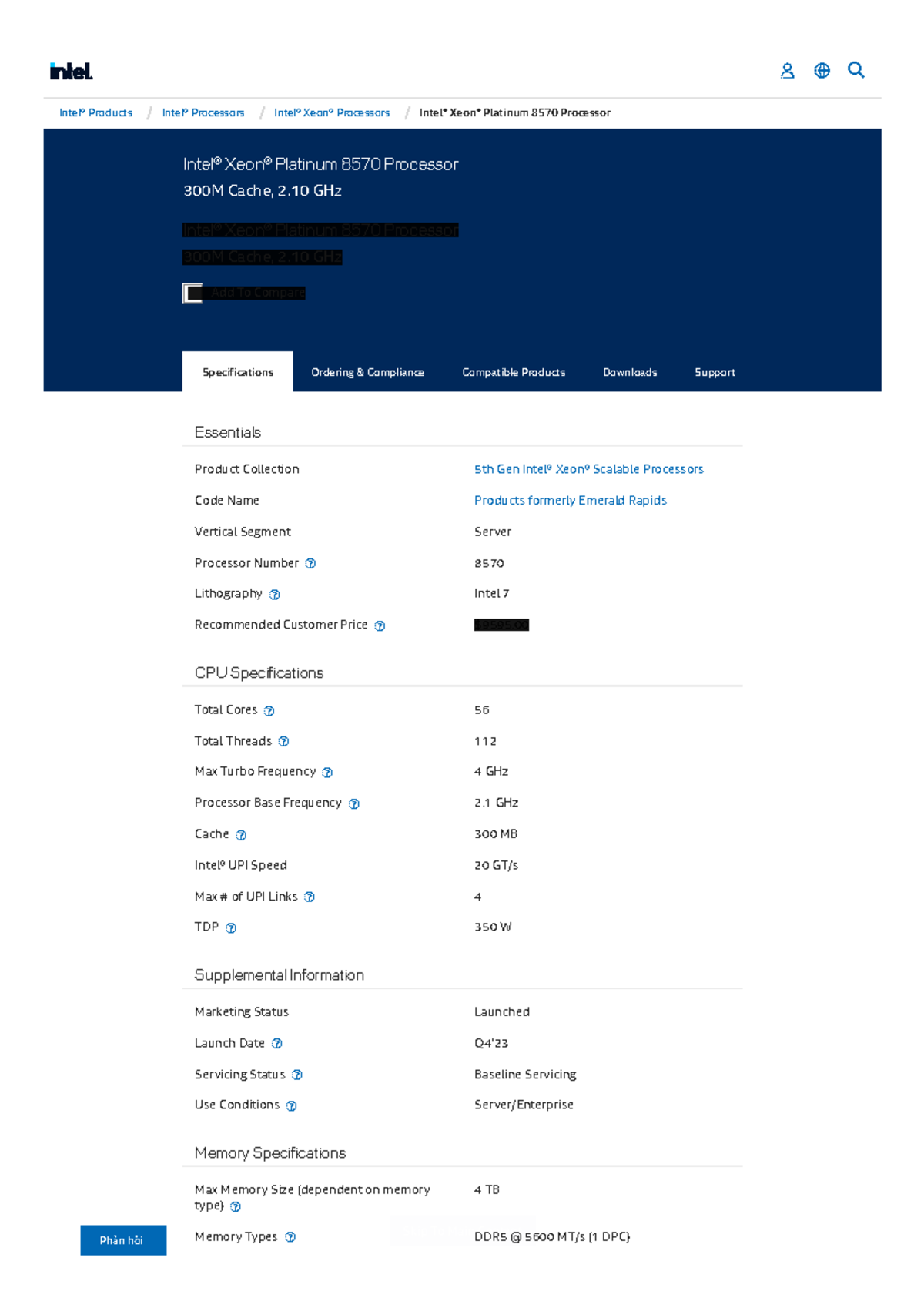 Intel Xeon Platinum 8570 Processor Specifications and Features - Studocu