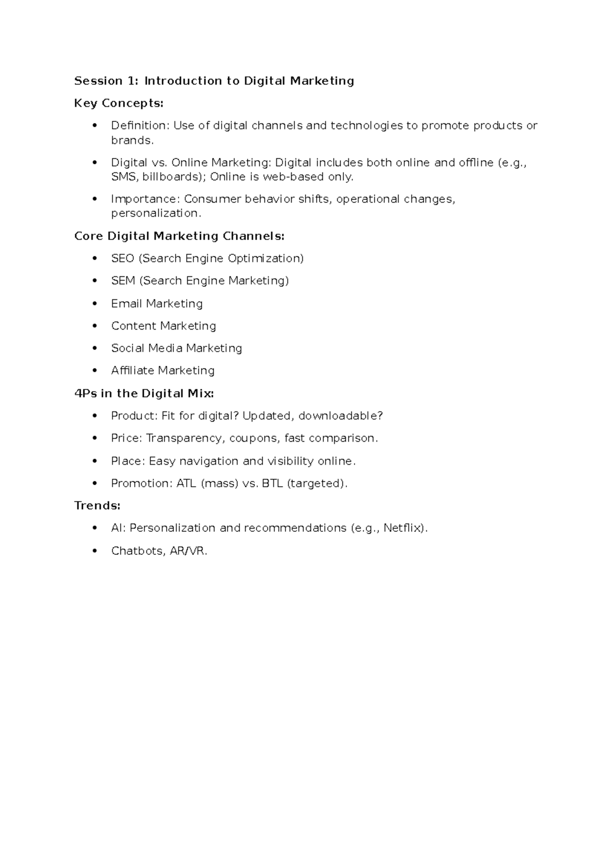 Digital Marketing - Session 1 Summary - Session 1: Introduction to ...