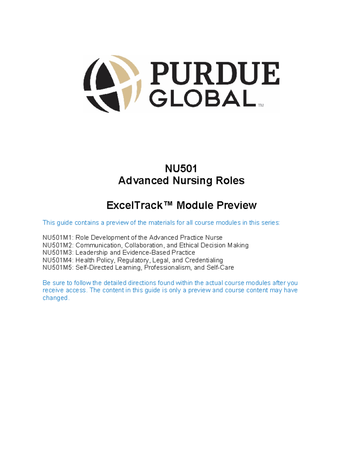 NU501 - Advanced Nursing Roles: Course Assignment Overview and ...