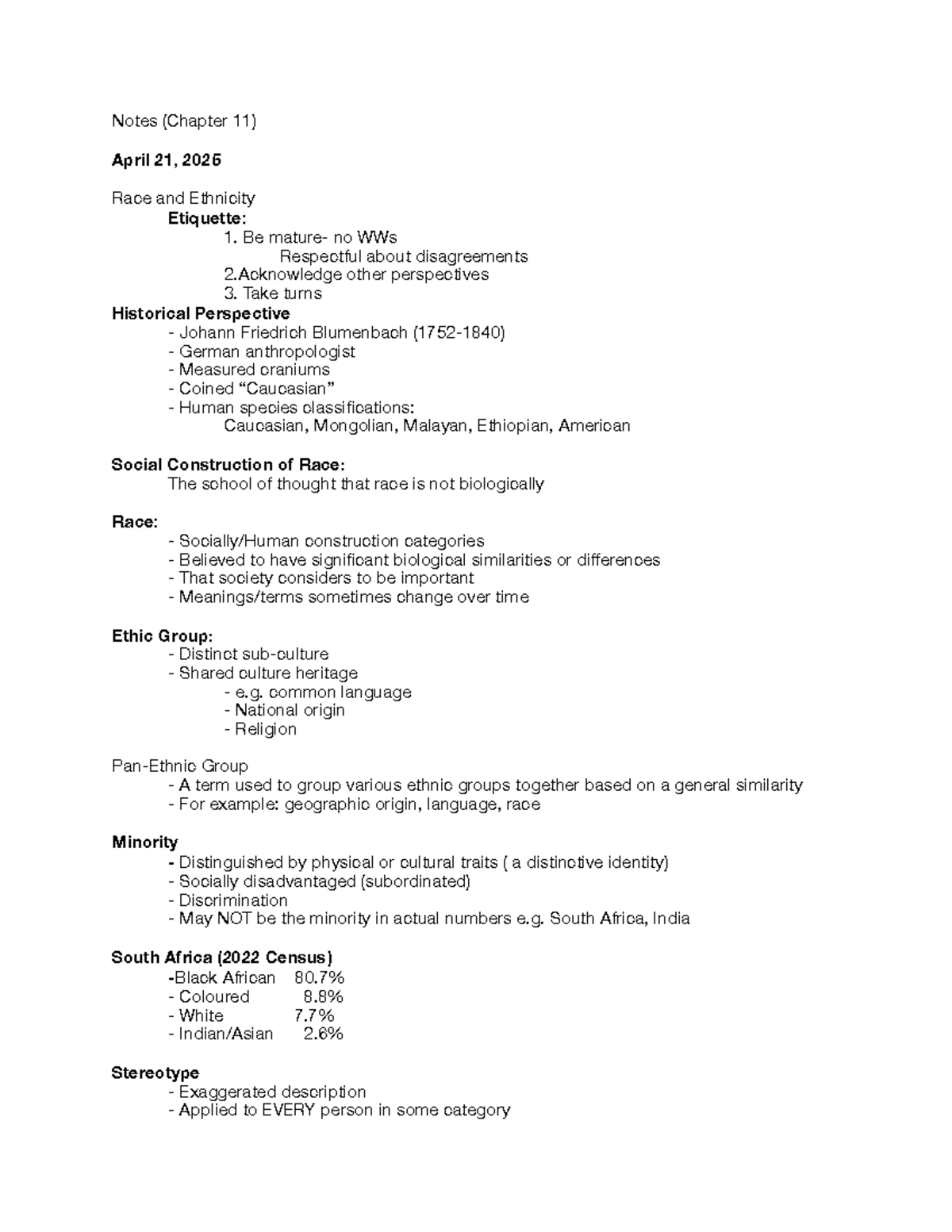 Chapter 11 Notes on Race and Ethnicity Concepts and Theories - Notes ...