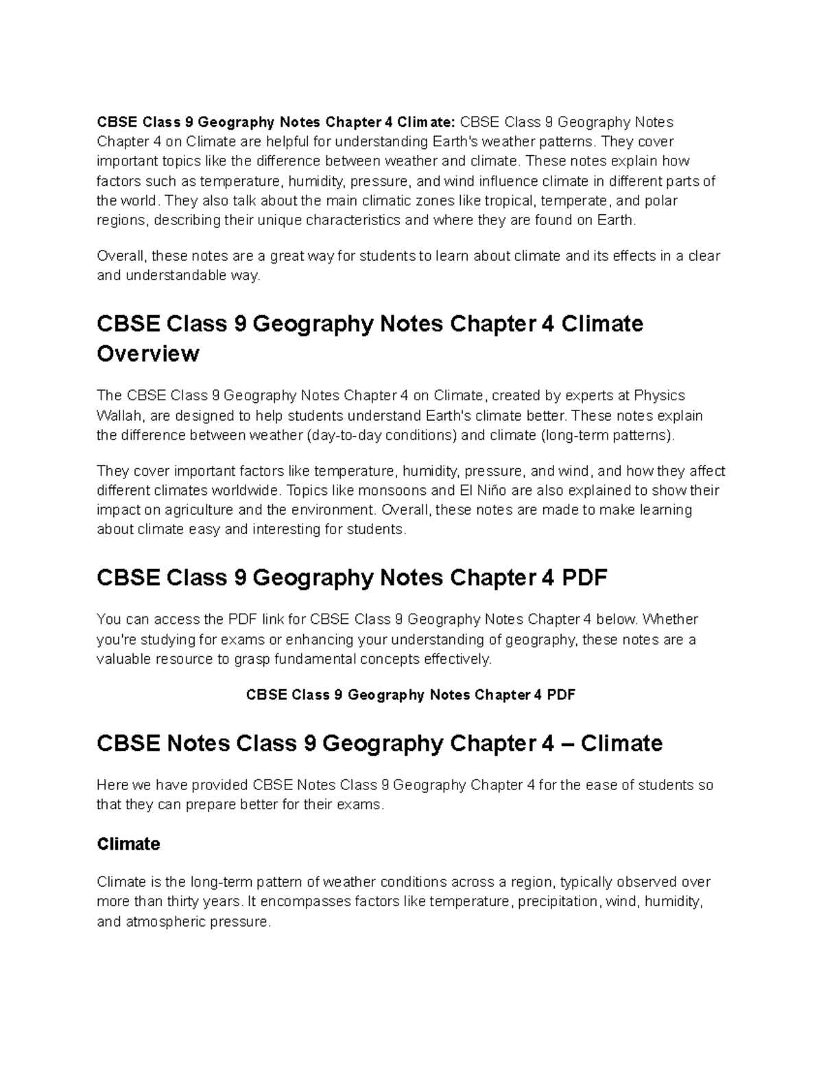CBSE Class 9 Geography Notes: Chapter 4 - Climate Overview - Studocu