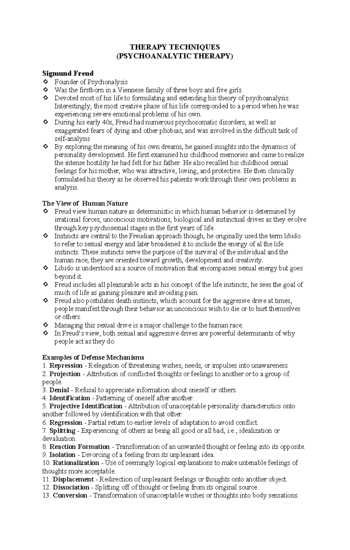 Clinical Psych Notes: Psychoanalytic Therapy Techniques (PSY 101) - Studocu