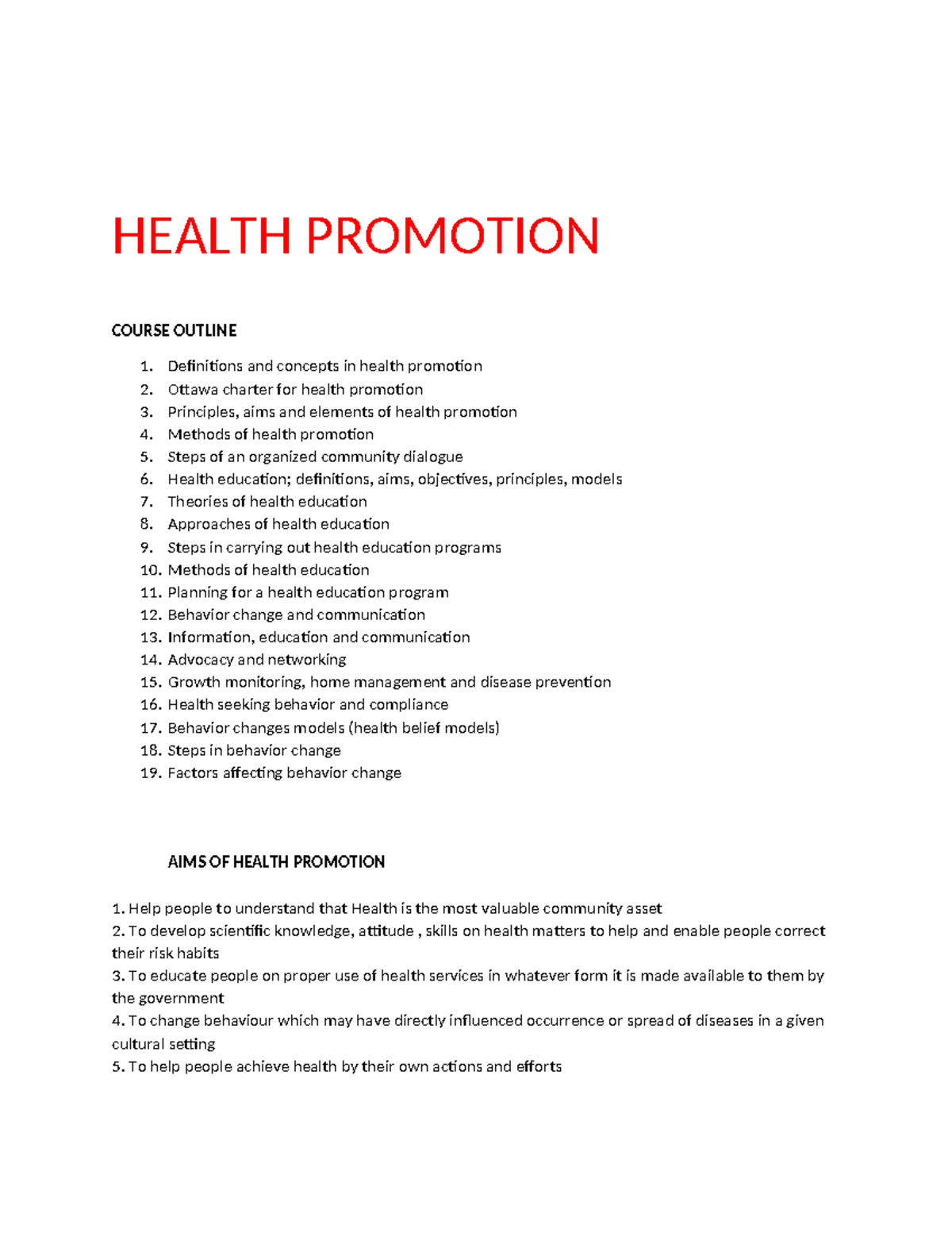 HEALTH PROMOTION COURSE OUTLINE (HP 101): Key Concepts & Strategies ...