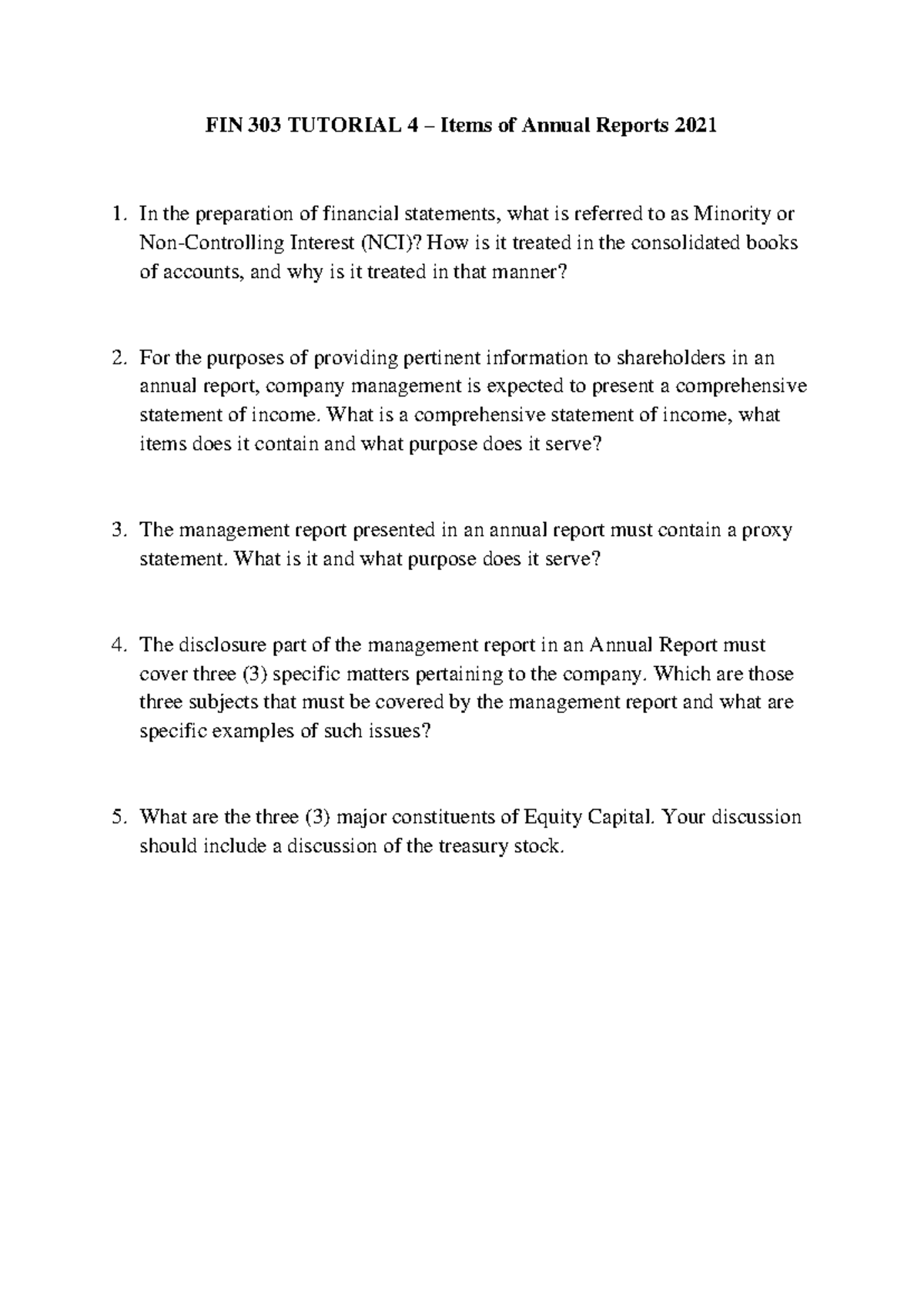 FIN 303 Tutorial 4 - Solutions for Annual Report Items 2021 - Studocu