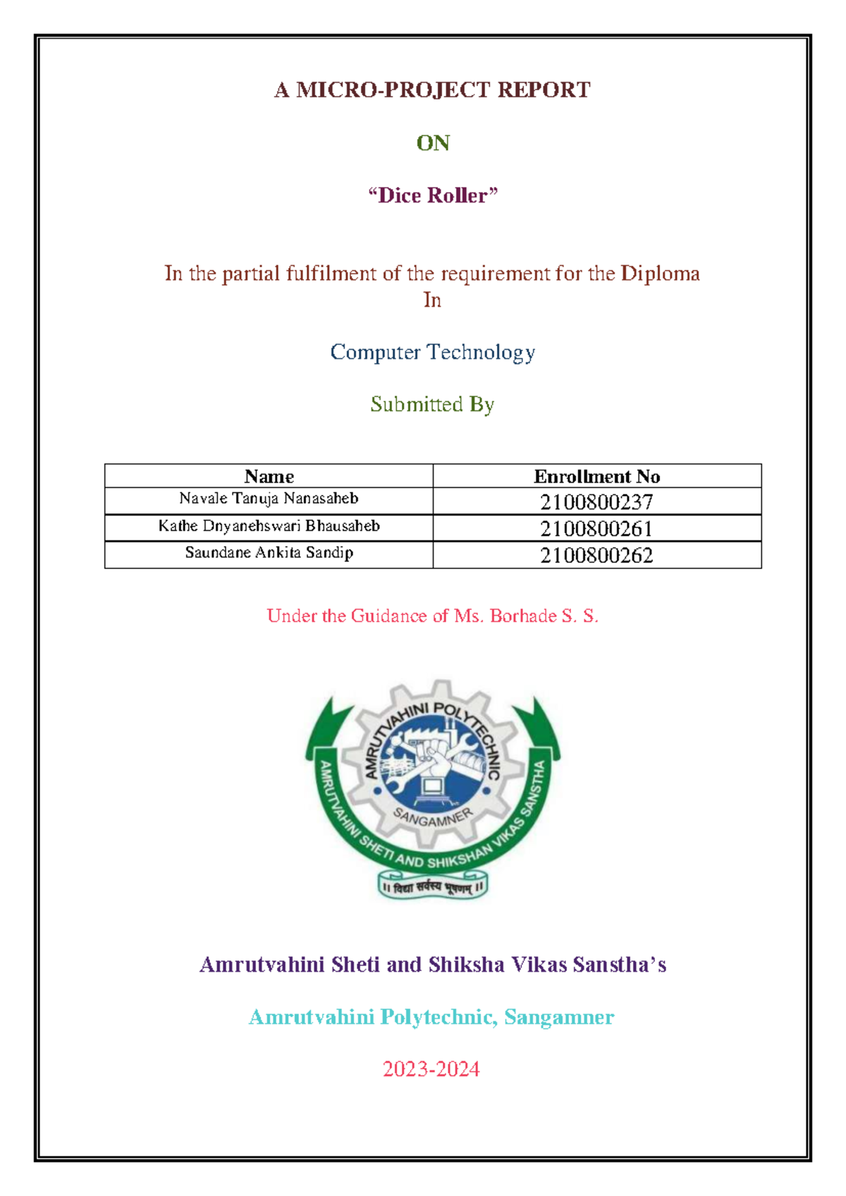 PWP Report - Python micro project - A MICRO-PROJECT REPORT ON “Dice ...
