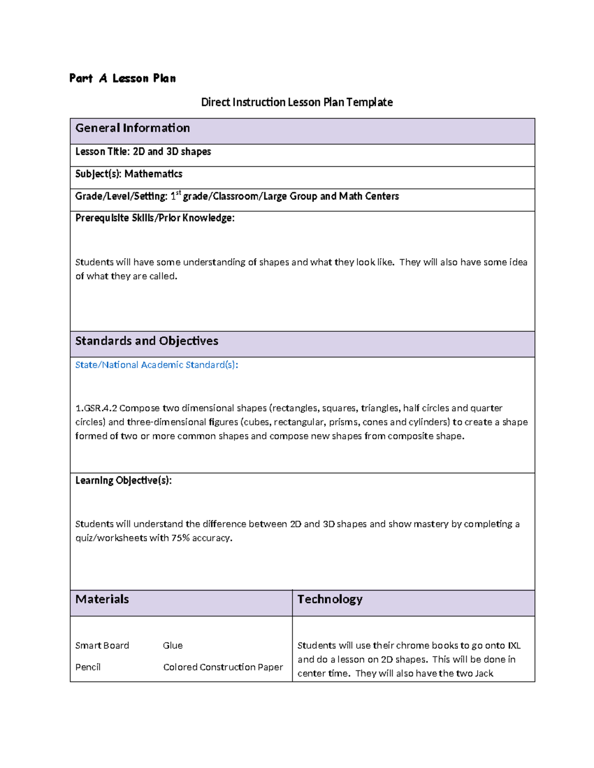 LMM2 Task 1a - Math Methods Lesson Plan on 2D & 3D Shapes - Studocu