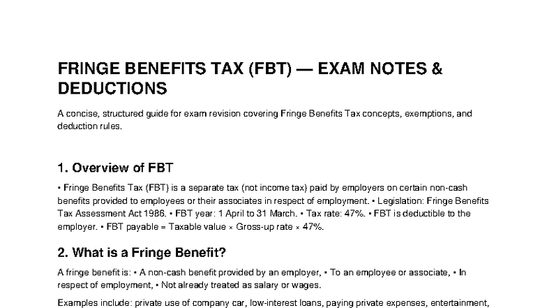 FBT (FRINGE BENEFITS TAX) EXAM NOTES & DEDUCTIONS GUIDE - Studocu