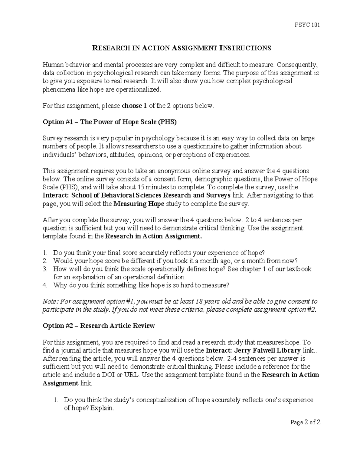 PSYC 101 Research in Action: Measuring Hope Assignment Instructions ...
