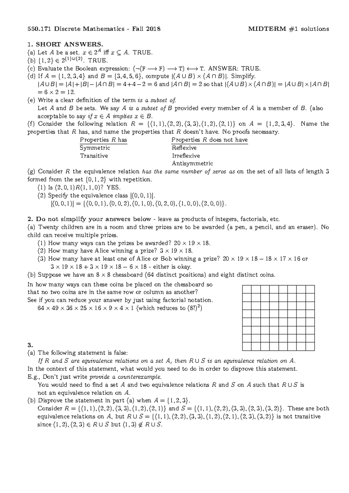 171fa18 Discrete Math Midterm #1 Solutions - Fall 2018 - Studocu