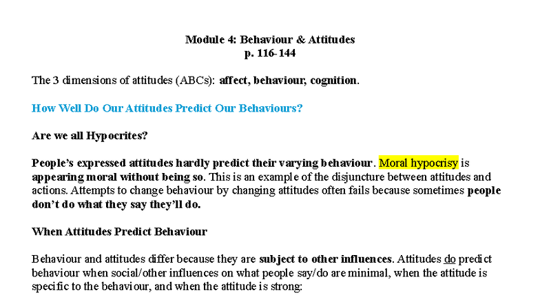 Psyc 214 Module 4: Understanding Behaviour and Attitudes Dynamics - Studocu