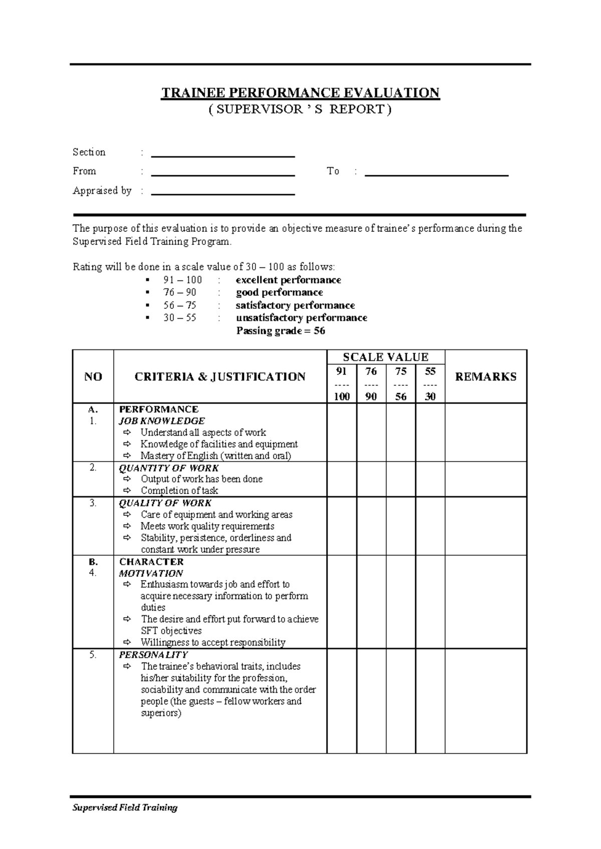 Trainee Performance Evaluation Report for Supervised Field Training ...