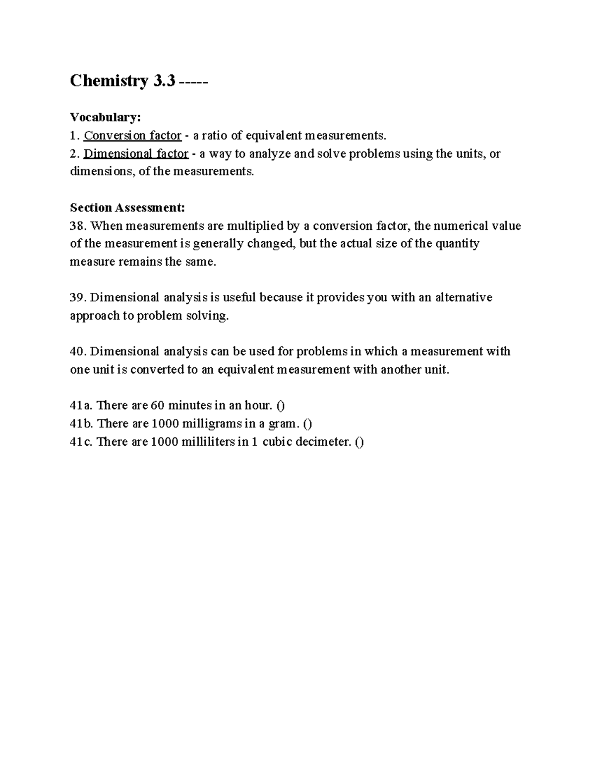 Chemistry 3 - Worksheet on Conversion and Dimensional Analysis - Studocu