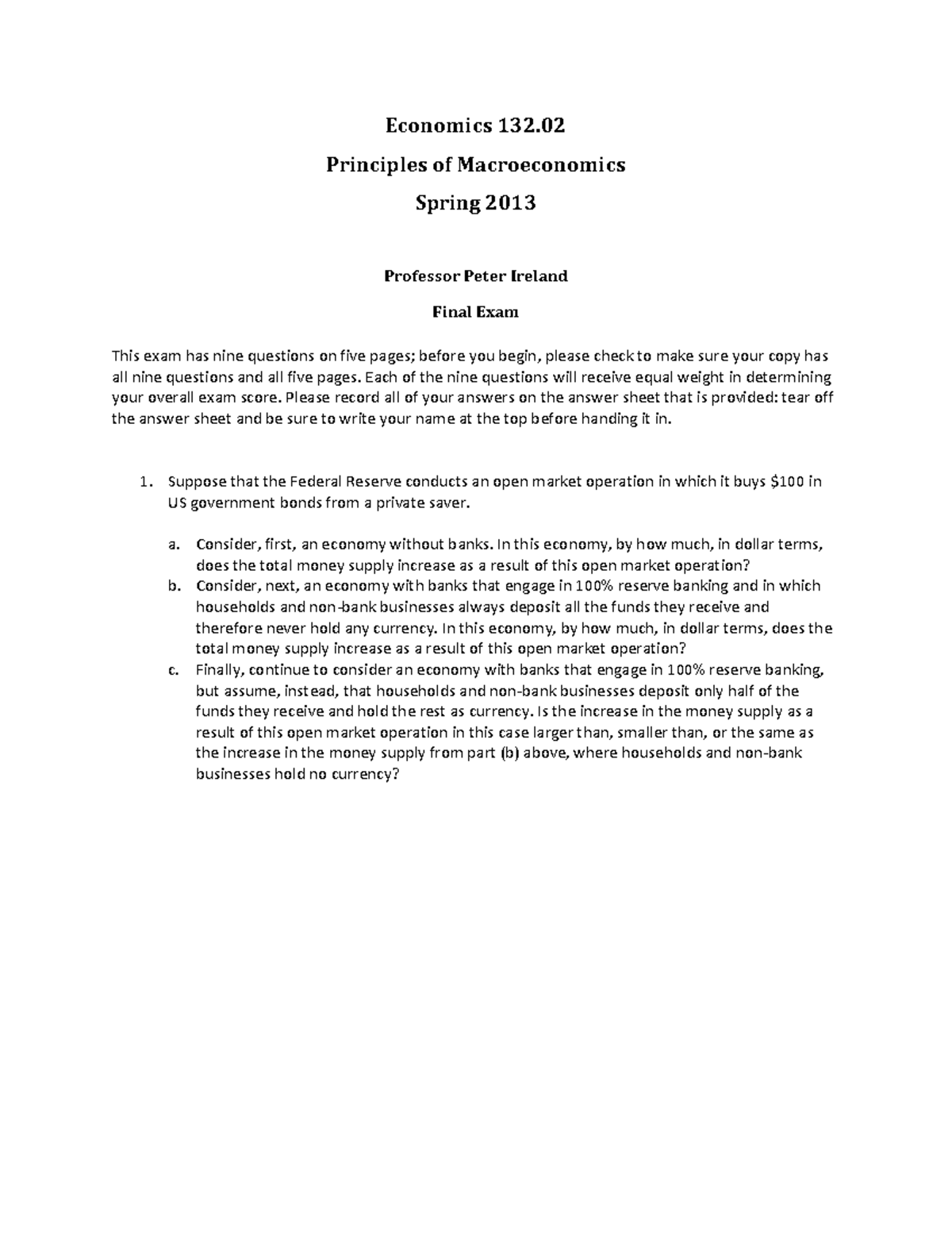 ECO 132.02 Final Exam Answers - Principles of Macroeconomics 2013 - Studocu