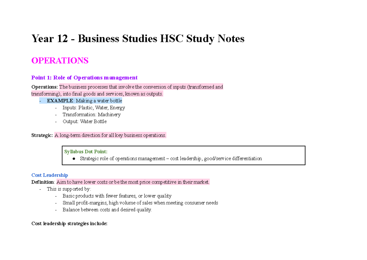 Year 12 Business Studies HSC Study Notes: Operations Management ...