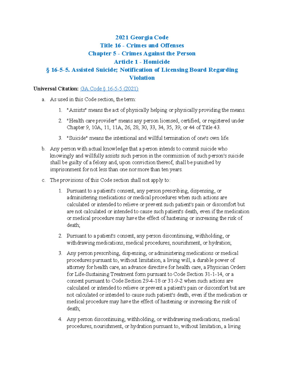 N1921 Death & Dying Handout: GA Code on Assisted Suicide - Studocu