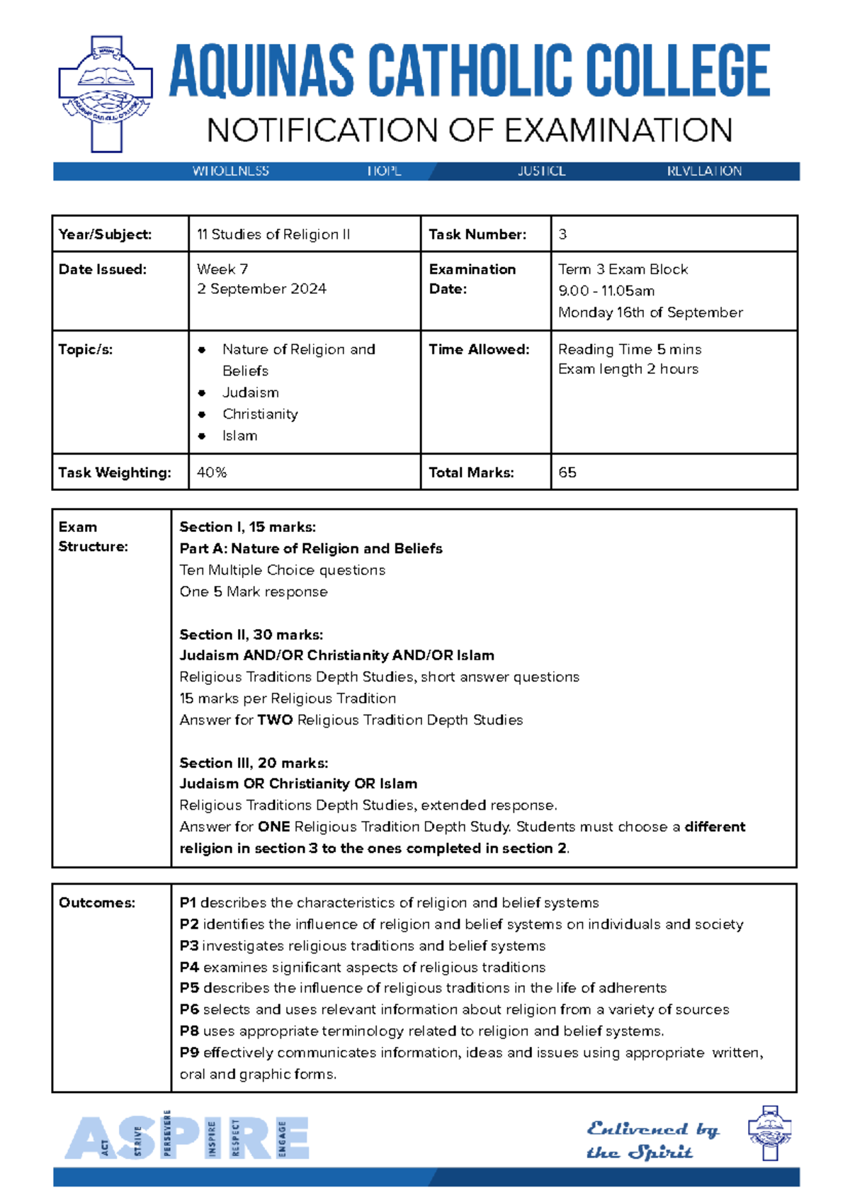 Year 11 Studies of Religion II Task 3 Exam Notification 2023 - Studocu