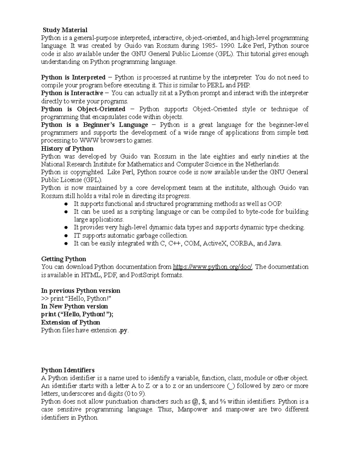 Study Material for Python Programming - Class 11 - Studocu
