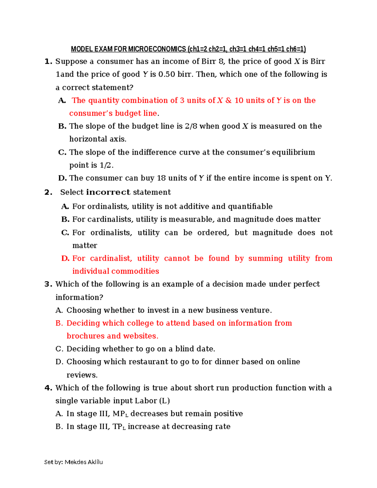 Model Exam for Microeconomics 1: Key Concepts and Questions - Studocu