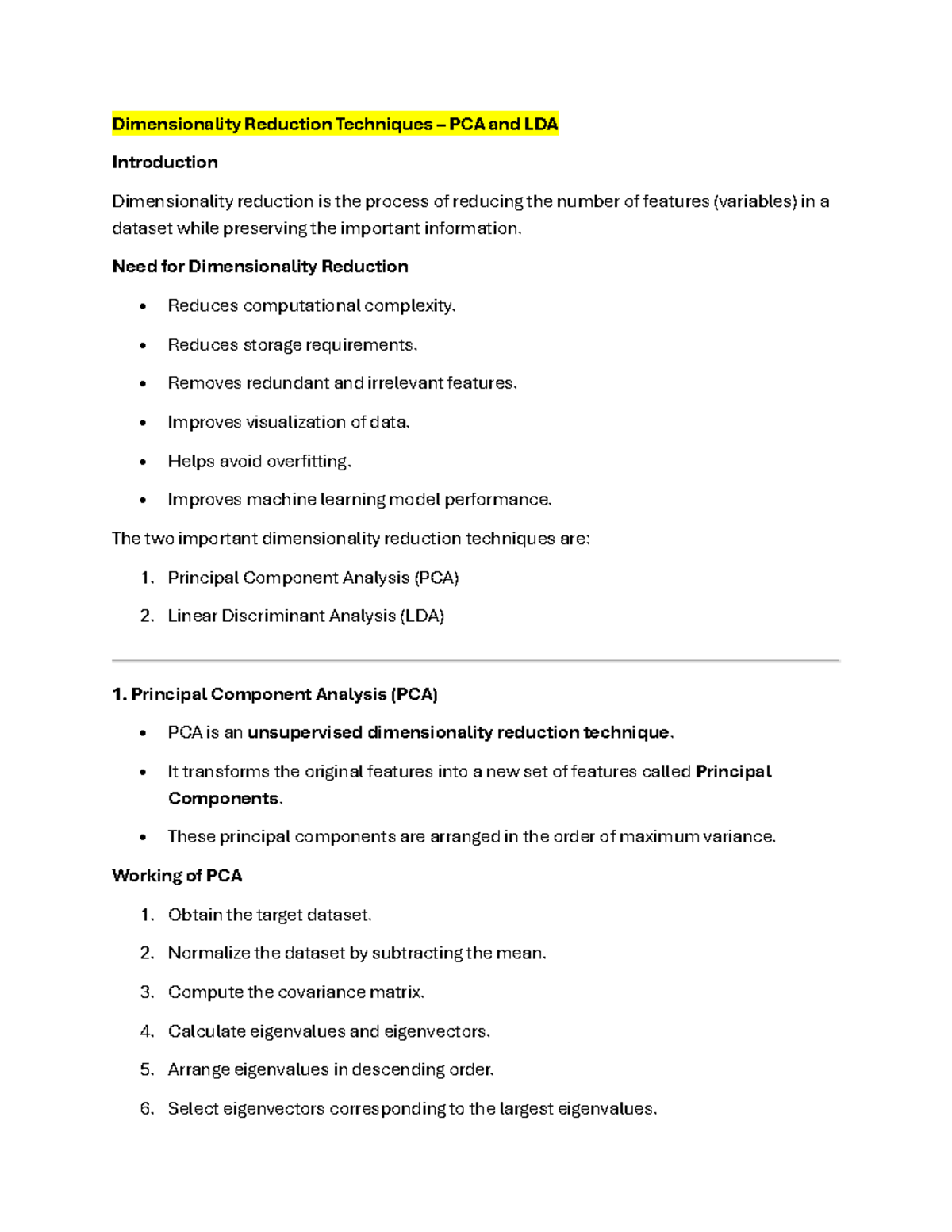 ML Module 2 - Dimensionality Reduction Techniques: PCA & LDA Notes ...