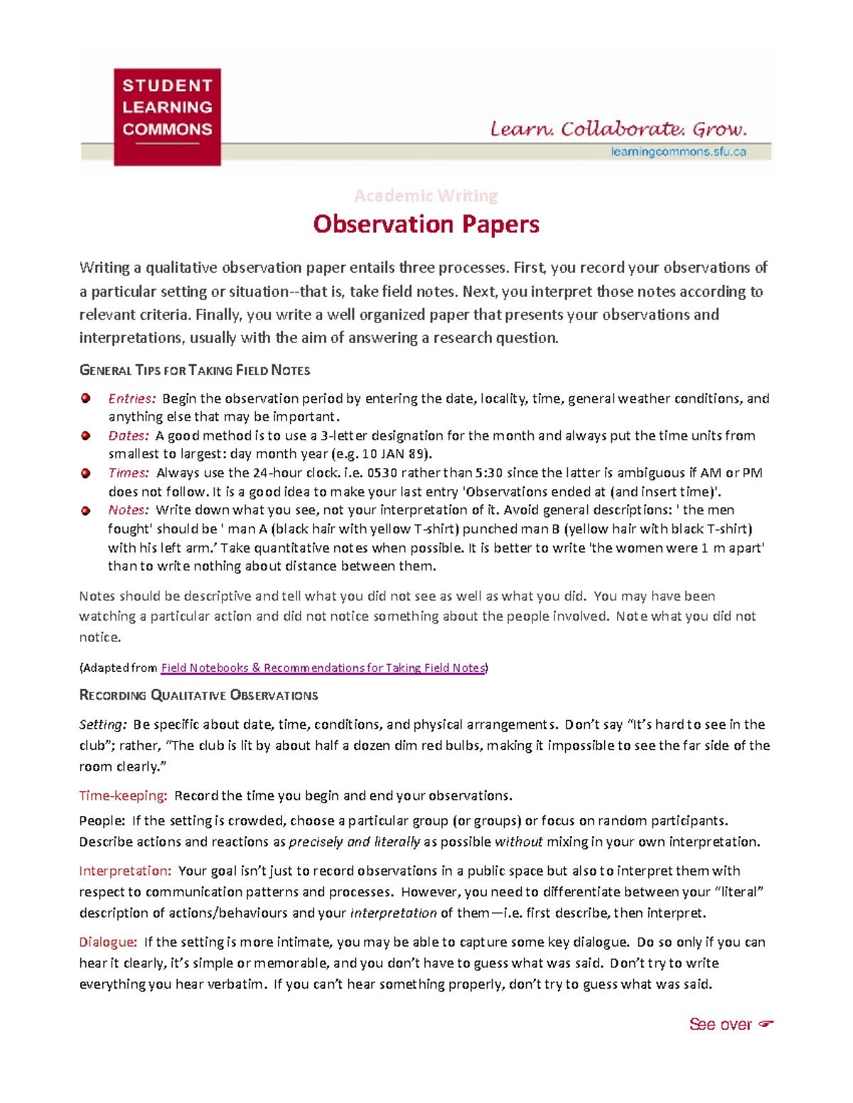 Observation Paper Guidelines for Academic Writing (Course Code) - Studocu