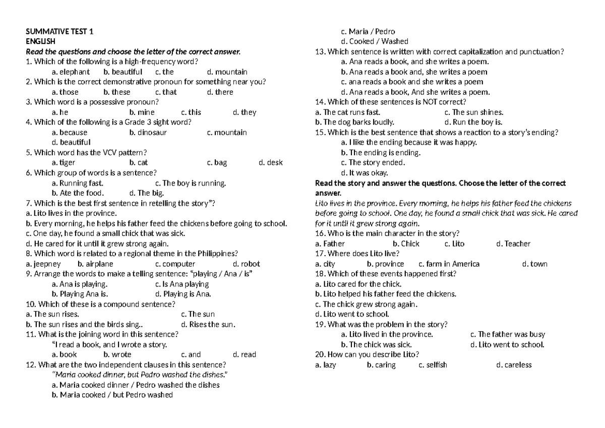 SUMMATIVE TEST 1 - ENGLISH COMPREHENSION AND GRAMMAR QUESTIONS - Studocu