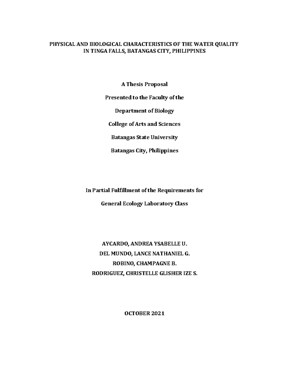 Physical and Biological Characteristics of Water Quality in Tinga Falls - LIFE SCI 2021 - Document Preview