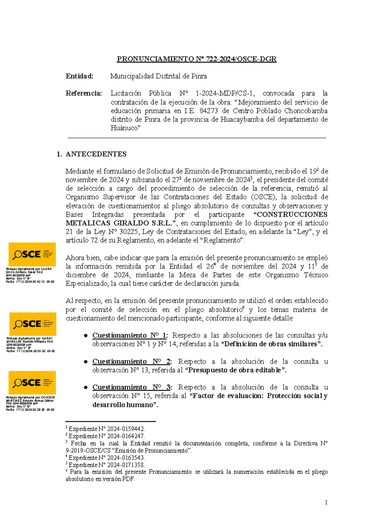Pronunciamiento Nº 722 - OSCE sobre Licitación de Obra Educativa en ...