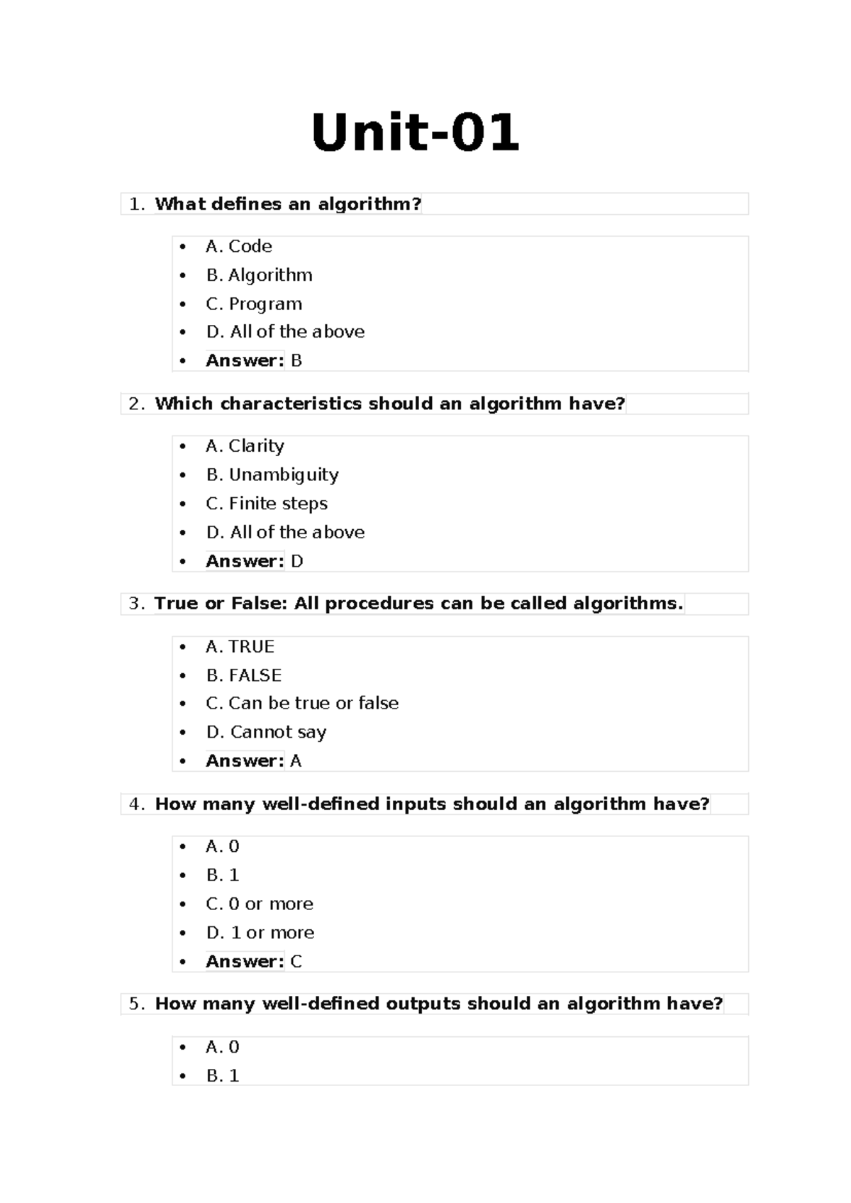 MCQ UNIT-1,2,3daa - Multiple Choice Questions on Algorithms - Studocu