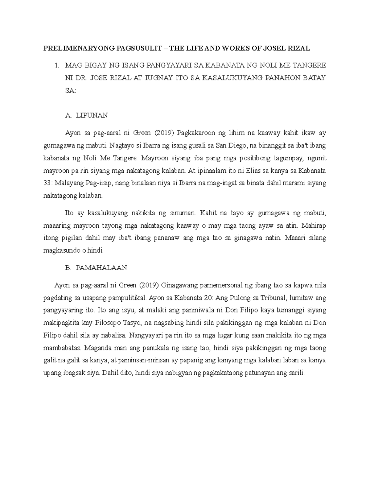 Prelimenaryong Pagsusulit sa Buhay at Gawa ni Jose Rizal - Studocu