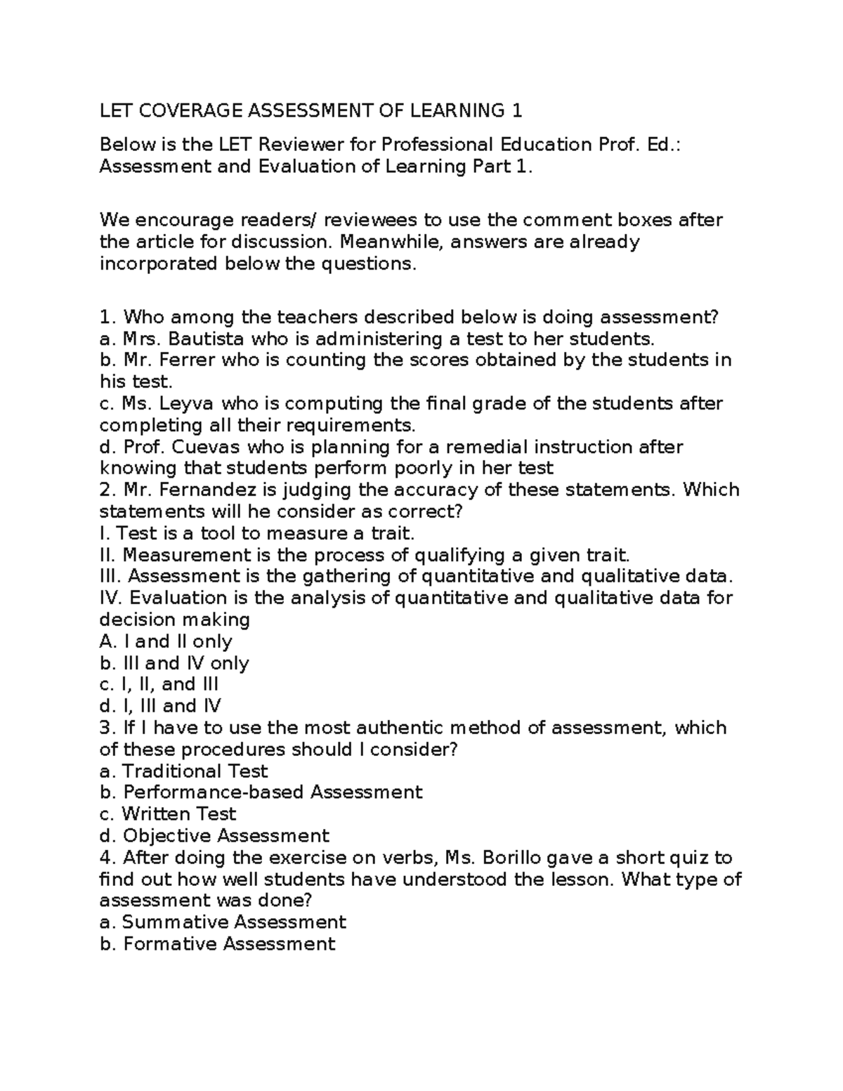 LET 101: Assessment and Learning Evaluation Review Guide - Studocu