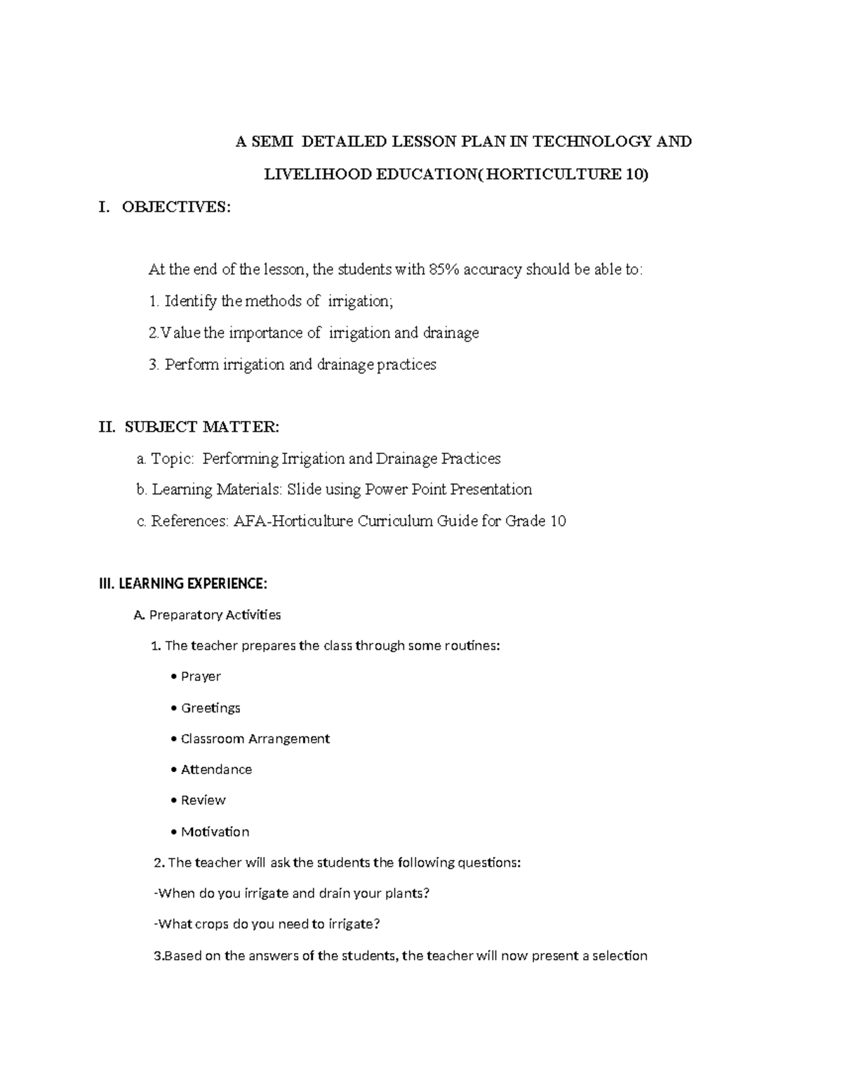 Semi-Detailed Lesson Plan on Irrigation Practices (Horticulture 10 ...