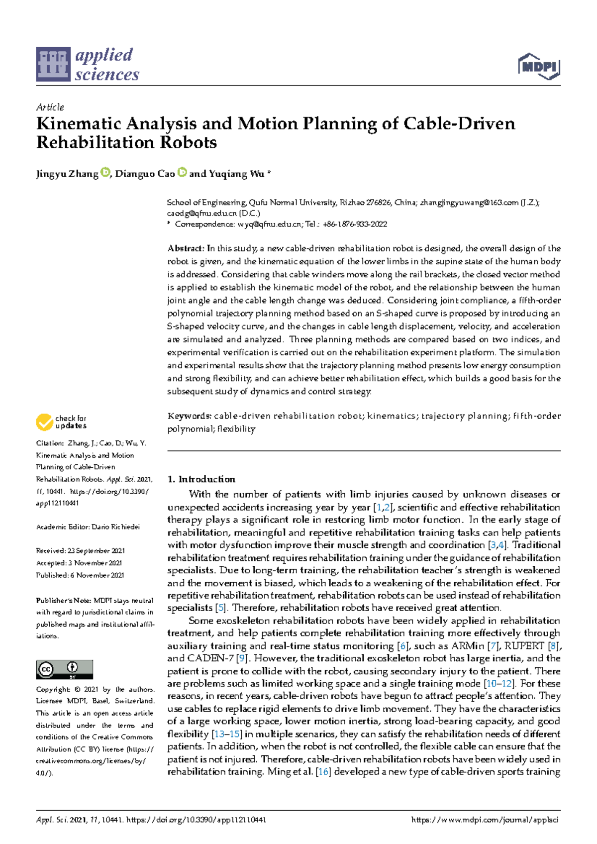 Kinematic Analysis and Motion Planning of Rehabilitation Robots (APPL ...