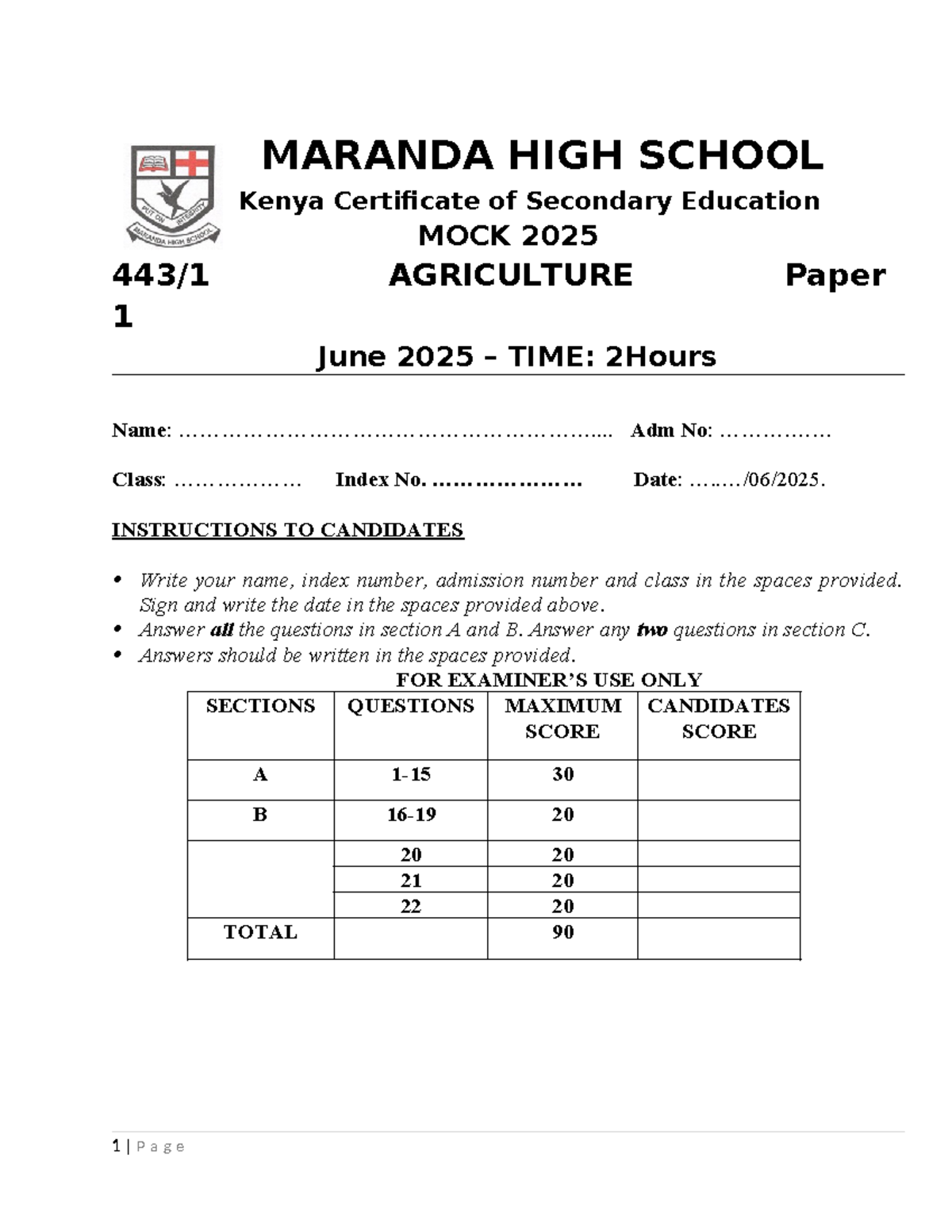 2025 Maranda High School KCSE Mock AGRICULTURE Paper 1 Questions - Studocu
